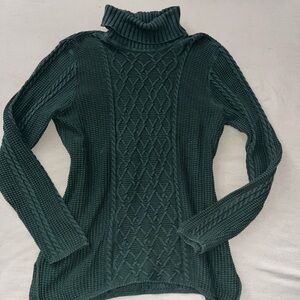 JEANNE PIERRE Dark Green Cable Knit Turtleneck Sweater